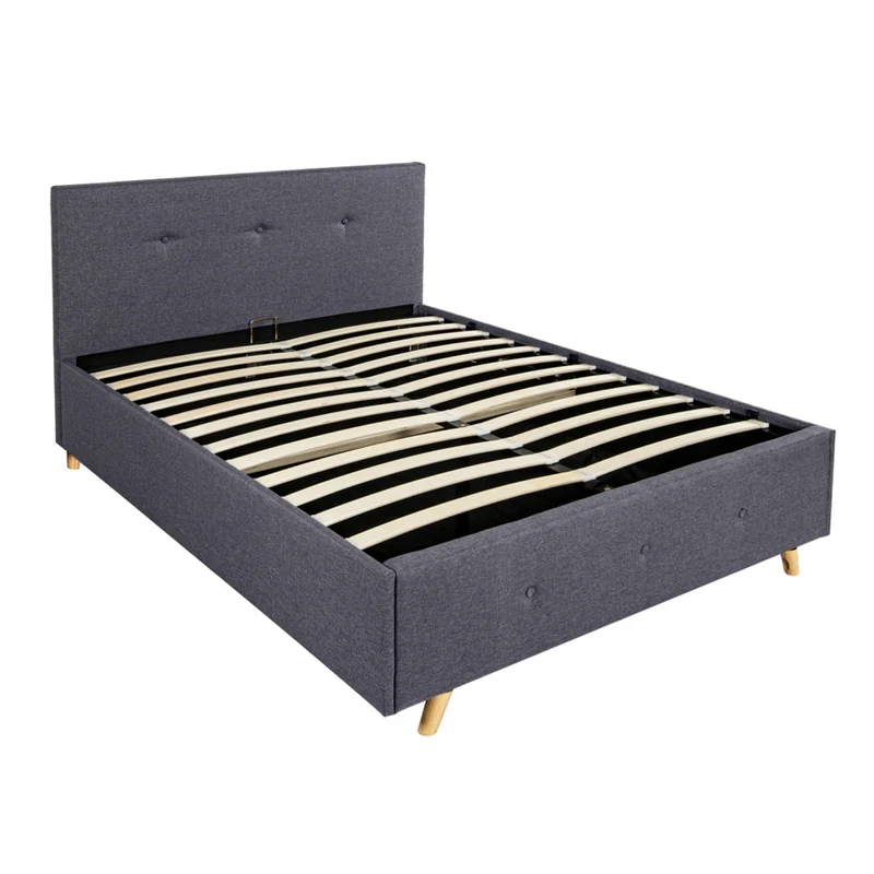 Lit coffre Mala en tissu gris avec sommier et tête de lit capitonnée 140x190cm