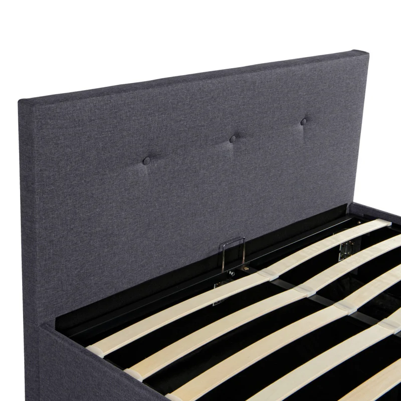 Lit coffre Mala en tissu gris avec sommier et tête de lit capitonnée 140x190cm