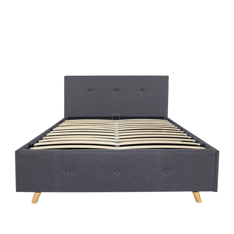 Lit coffre Mala en tissu gris avec sommier et tête de lit capitonnée 140x190cm