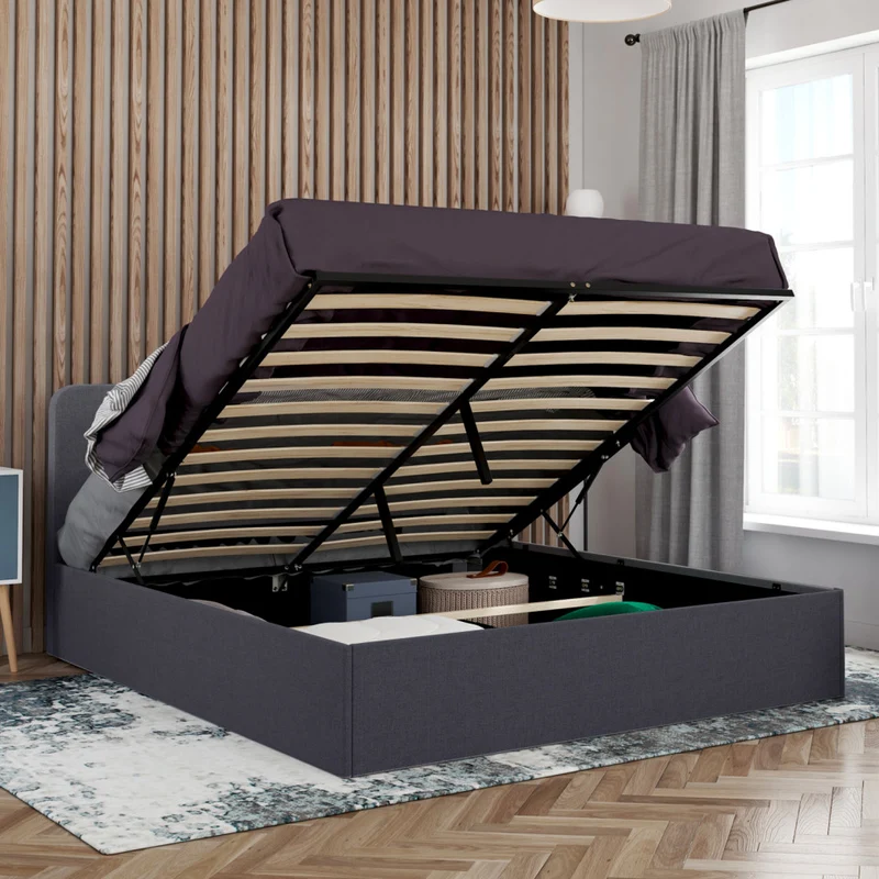 Lit coffre Louise en tissu gris avec sommier et tête de lit arrondie 160x200cm