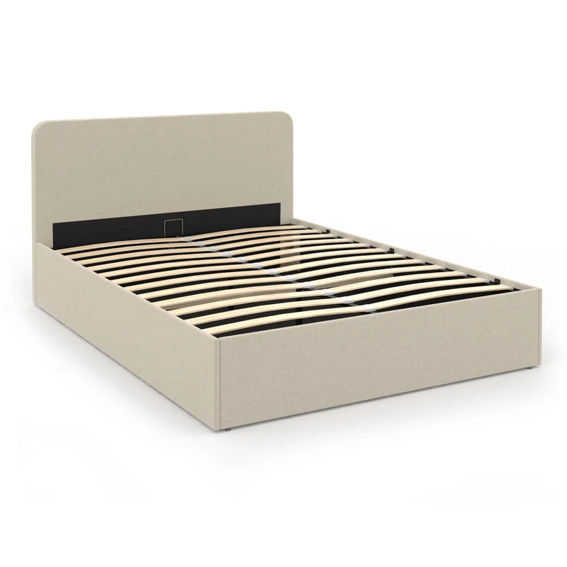 Lit coffre Louise en tissu beige avec sommier et tête de lit arrondie 140x190cm