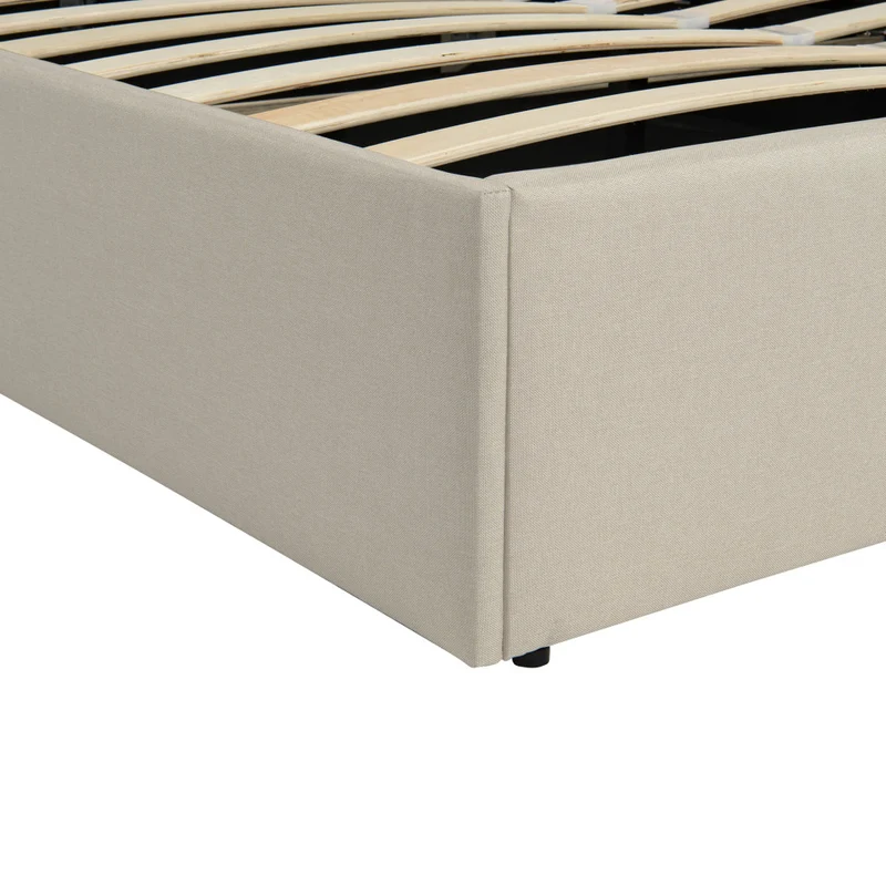 Lit coffre Louise en tissu beige avec sommier et tête de lit arrondie 140x190cm