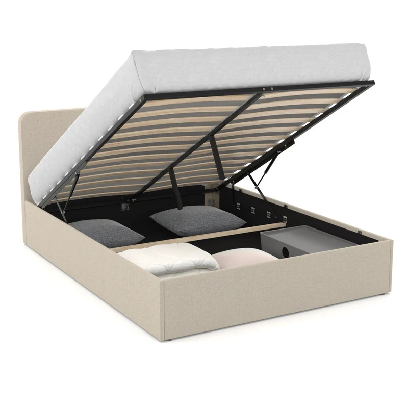 Lit coffre Louise en tissu beige avec sommier et tête de lit arrondie 140x190cm