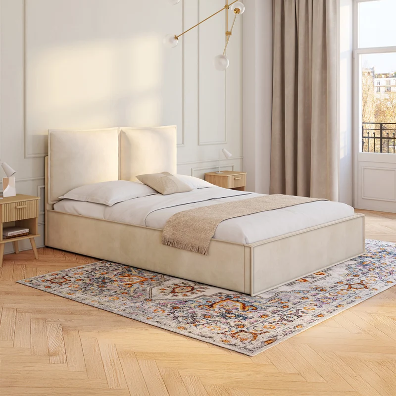 Lit coffre Lilou en velours beige avec sommier et tête de lit effet oreiller 140x190cm