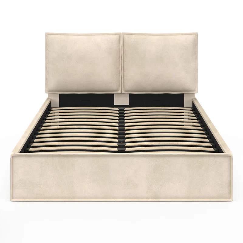 Lit coffre Lilou en velours beige avec sommier et tête de lit effet oreiller 140x190cm