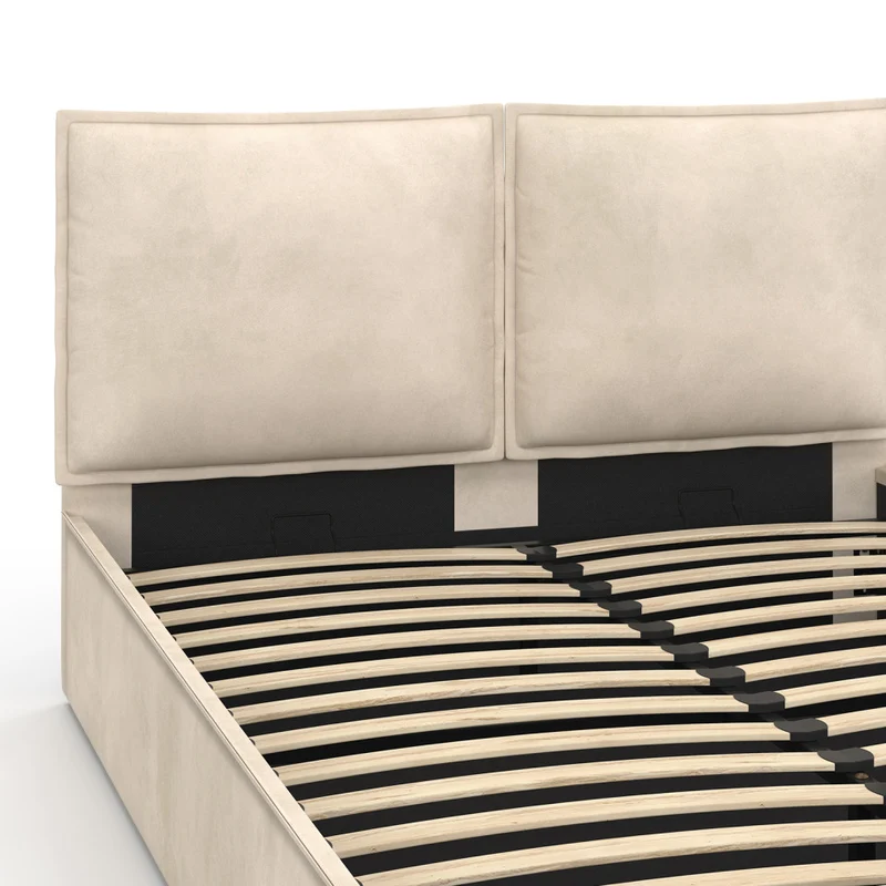 Lit coffre Lilou en velours beige avec sommier et tête de lit effet oreiller 140x190cm