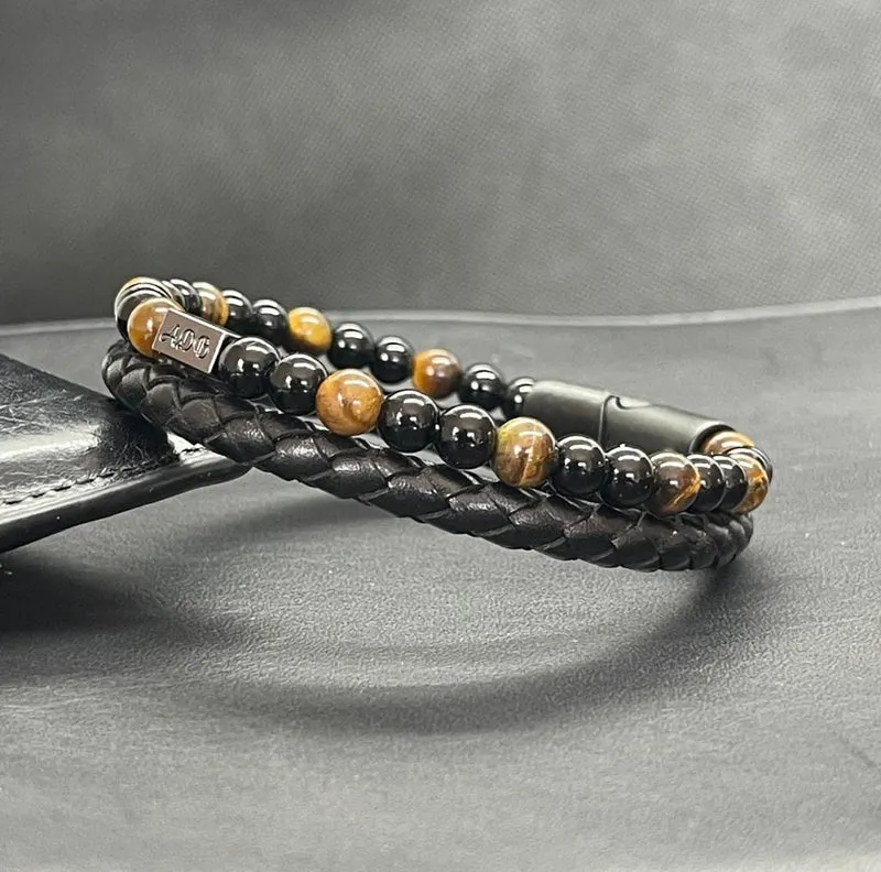 Bracelet en oeil de tigre et obsidienne