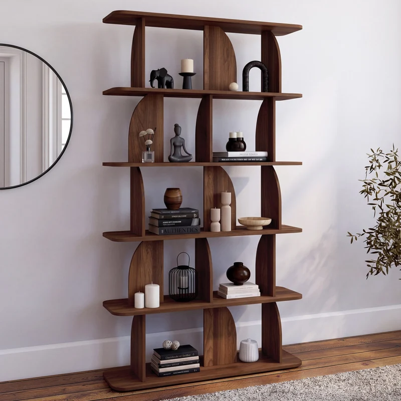 Etagère Japandi asymétrique 5 niveaux effet noyer