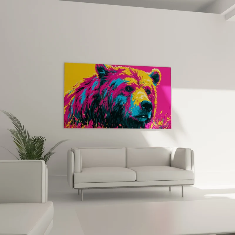 Tableau Ours brun aux teintes fuchsia et bleu - Face-à-face électrique - Edition Ours brun