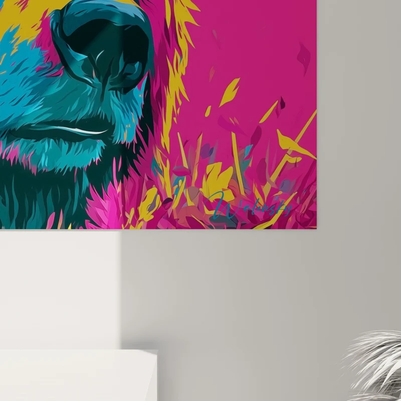 Tableau Ours brun aux teintes fuchsia et bleu - Face-à-face électrique - Edition Ours brun