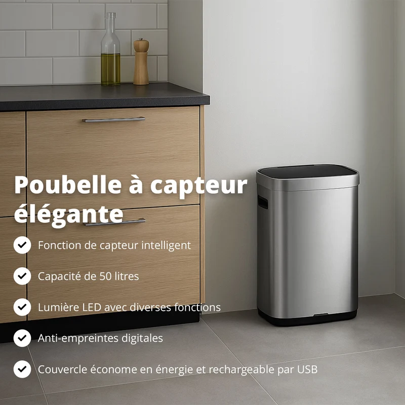 Poubelle Mira avec couvercle à fermeture douce et voyant d'état LED 50 litres Argent