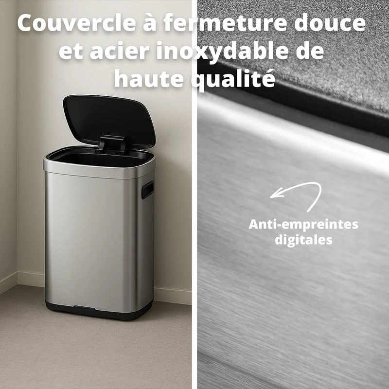 Poubelle Mira avec couvercle à fermeture douce et voyant d'état LED 50 litres Argent