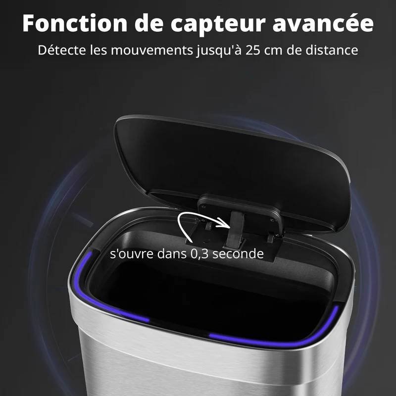 Poubelle Mira avec couvercle à fermeture douce et voyant d'état LED 50 litres Argent