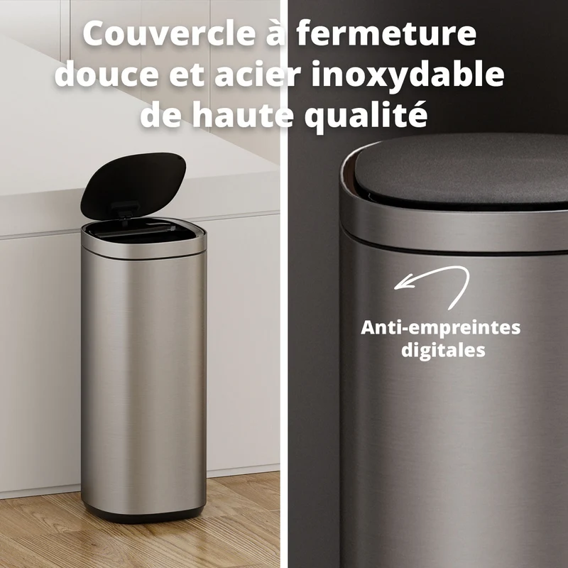 Poubelle Velo avec couvercle à fermeture douce et voyant d'état LED 50 litres Argent