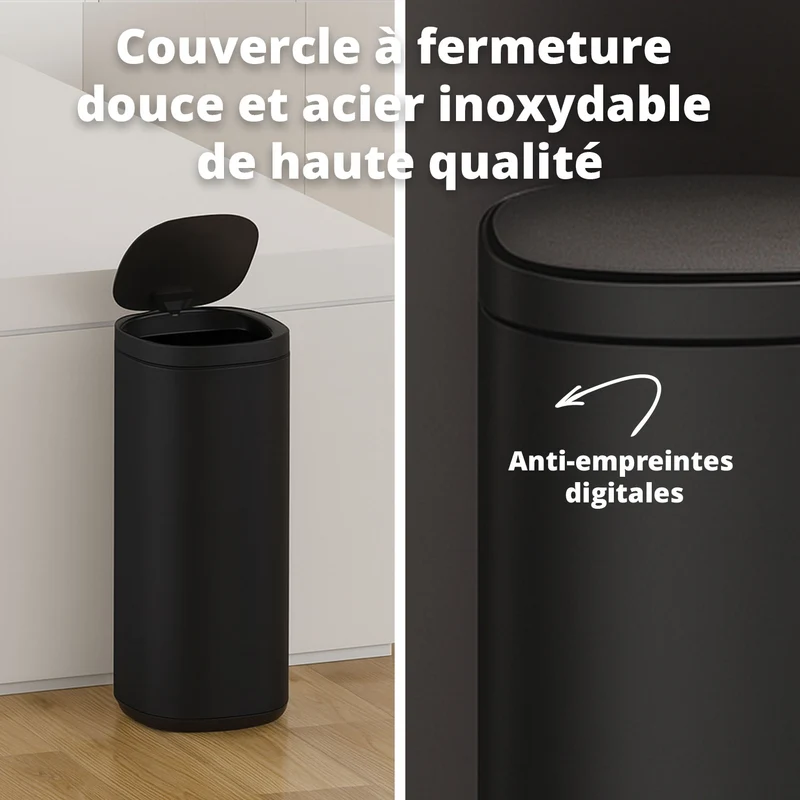 Poubelle Velo avec couvercle à fermeture douce et voyant d'état LED 50 litres Noire