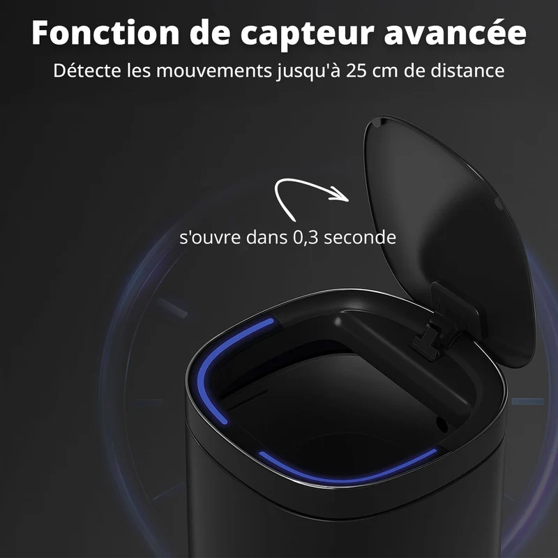 Poubelle Velo avec couvercle à fermeture douce et voyant d'état LED 50 litres Noire