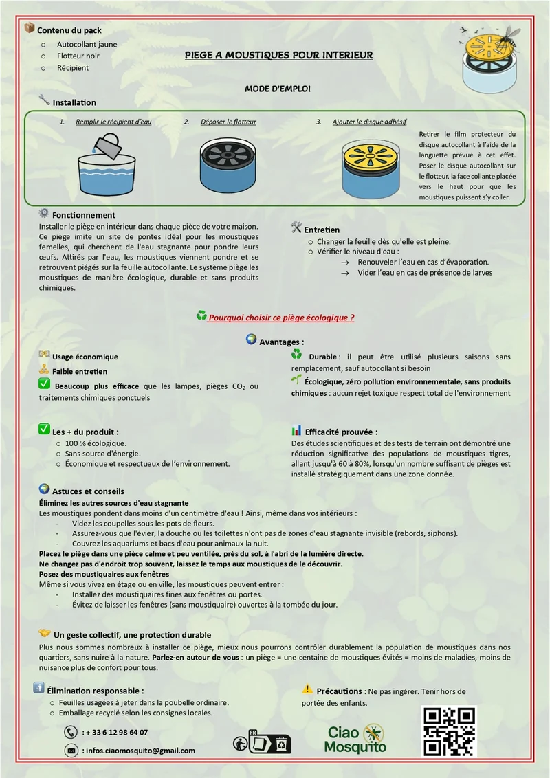 Ciao Mosquito® x1 – Pièges Moustique Tigre & Larves pour intérieur | Anti Moustique Naturel, sans Insecticide | Réutilisable, sans Odeur | Salon, Chambre, Cuisine, Cave | Marque française