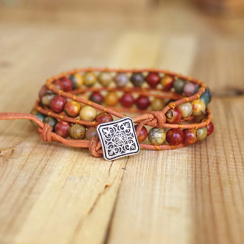 Bracelet wrap en jaspe et cuir