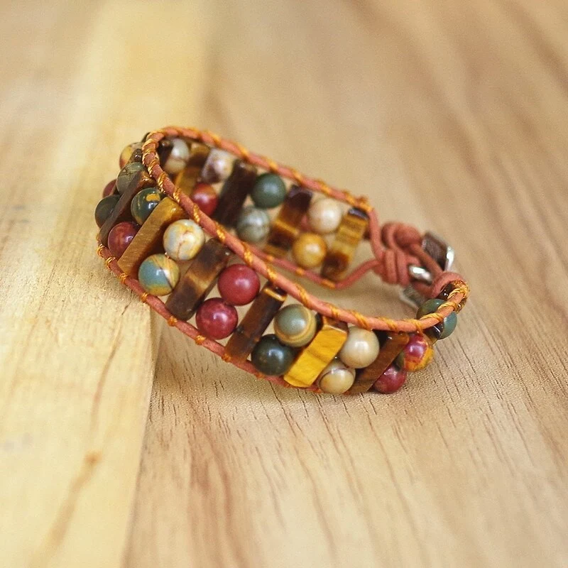 Bracelet wrap en jaspe et cuir