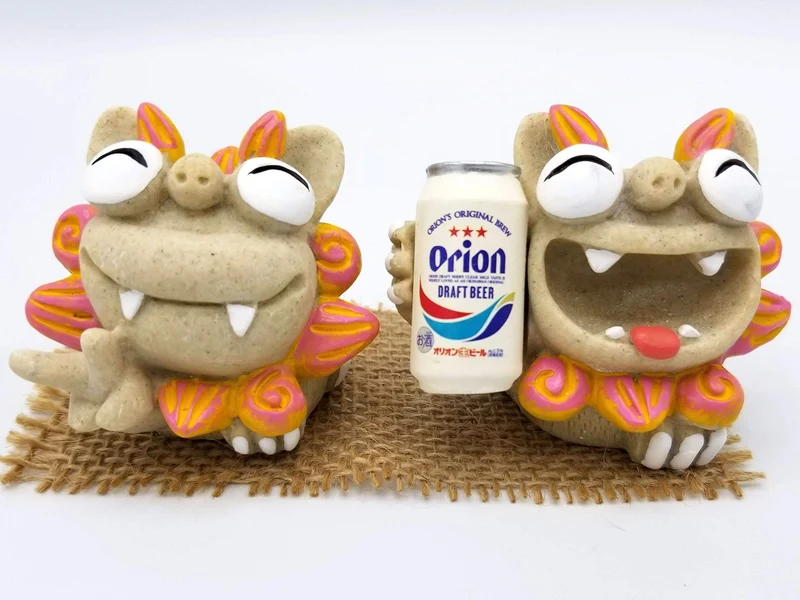 Okinawa Souvenir Shisa Orion Beer Cheers Big Laugh Pink