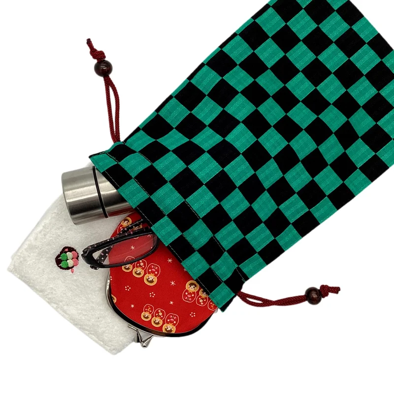 Kyoyu Goshuincho Drawstring Case 100％ Cotton Approx 26.5×18cm Green Check