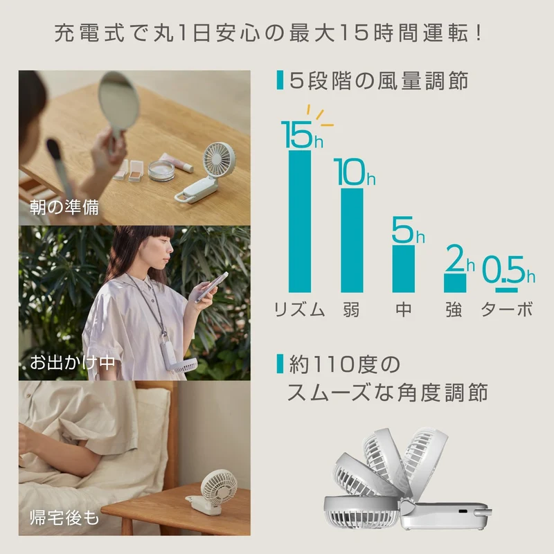 Rhythm Handy Fan 2025 Silent 3 Way Portable Type-C 5 Speed 9ZF040RH08 Light Gray